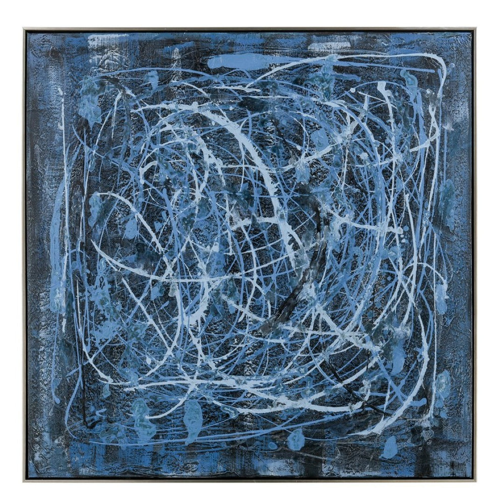 Atlas Blue Rhythm Hand-Painted Abstract Wall Art in Floating Silver Frame for Modern Home Décor WA11016-01