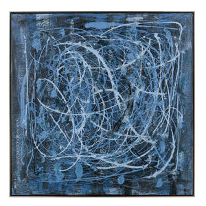 Atlas Blue Rhythm Hand-Painted Abstract Wall Art in Floating Silver Frame for Modern Home Décor WA11016-01