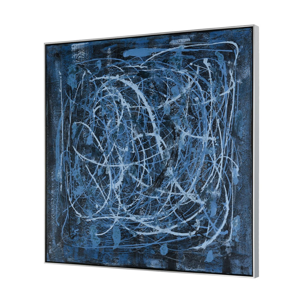 Atlas Blue Rhythm Hand-Painted Abstract Wall Art in Floating Silver Frame for Modern Home Décor WA11016-01