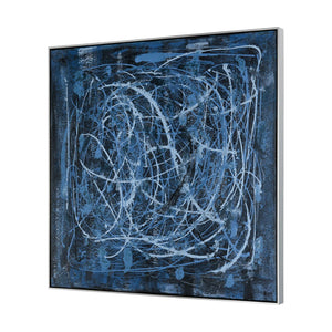 Atlas Blue Rhythm Hand-Painted Abstract Wall Art in Floating Silver Frame for Modern Home Décor WA11016-01