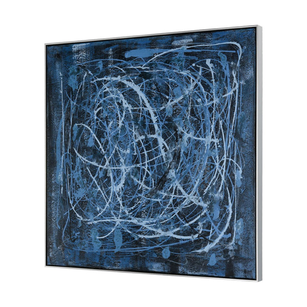 Atlas Blue Rhythm Hand-Painted Abstract Wall Art in Floating Silver Frame for Modern Home Décor WA11016-01