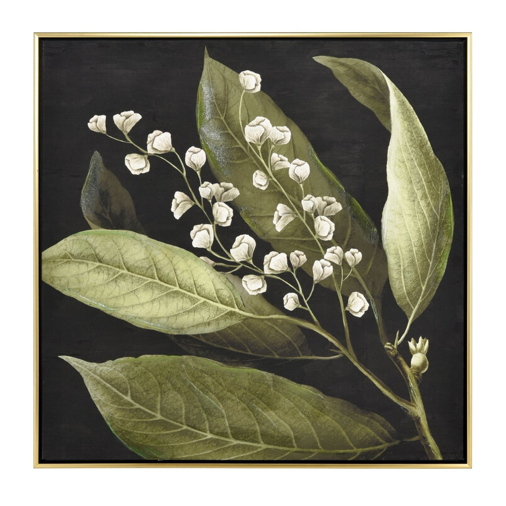Atlas Botanical Elegance Framed Art Print - Stunning Lily-of-the-Valley on Black Background, 24.75" Square Botanical Study I Framed Wall Art WA11021-01