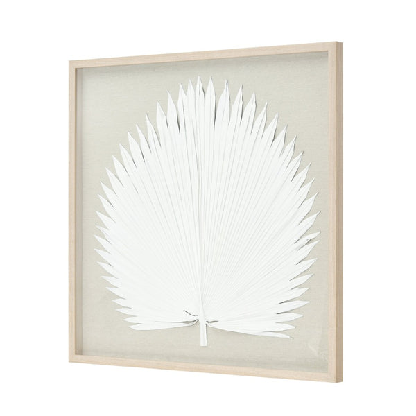 Atlas Fan Palm Dimensional Wall Art - Handmade Coastal Decor with Textured Linen and Light Oak Frame White WA11047-02