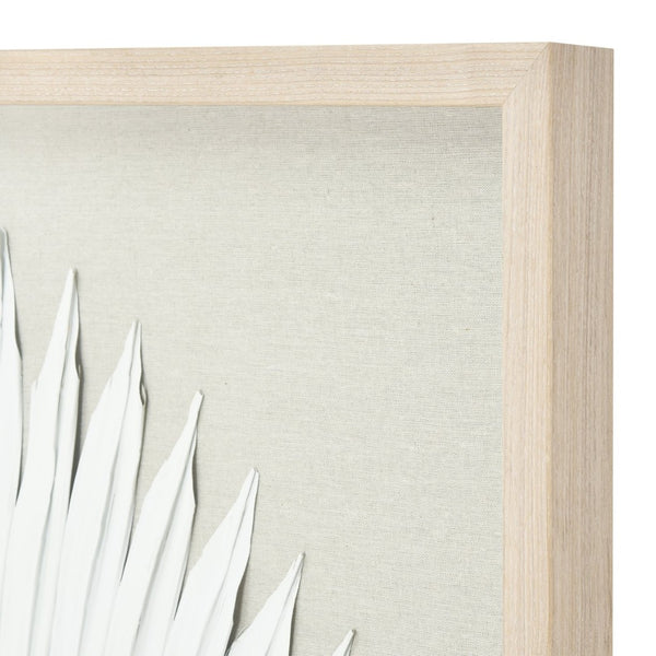 Atlas Fan Palm Dimensional Wall Art - Handmade Coastal Decor with Textured Linen and Light Oak Frame White WA11047-02