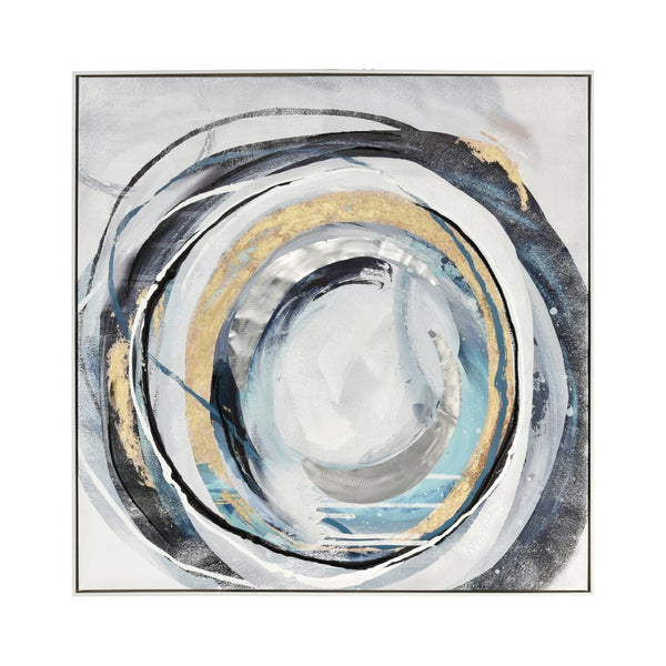 Atlas Higgs Abstract Wall Art Framed Decor - Dynamic Circular Composition in Blue, Gold & Gray Accents WA11063-01