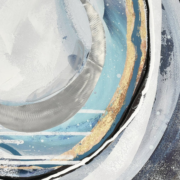 Atlas Higgs Abstract Wall Art Framed Decor - Dynamic Circular Composition in Blue, Gold & Gray Accents WA11063-01