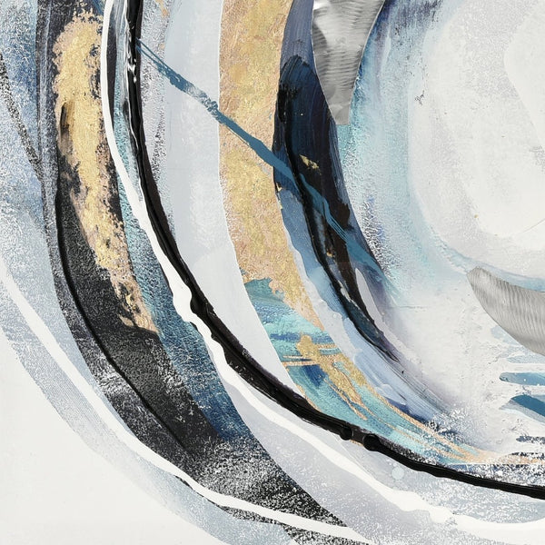 Atlas Higgs Abstract Wall Art Framed Decor - Dynamic Circular Composition in Blue, Gold & Gray Accents WA11063-01