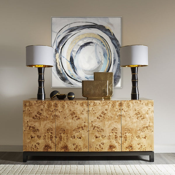 Atlas Higgs Abstract Wall Art Framed Decor - Dynamic Circular Composition in Blue, Gold & Gray Accents WA11063-01