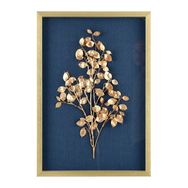 Atlas Leaf Framed Shadow Box Art with Gold Bloom on Navy Background - Modern Elegance for Home Décor Leaf Shadow I Framed Wall Art WA11080-01
