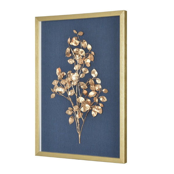 Atlas Leaf Framed Shadow Box Art with Gold Bloom on Navy Background - Modern Elegance for Home Décor Leaf Shadow I Framed Wall Art WA11080-01