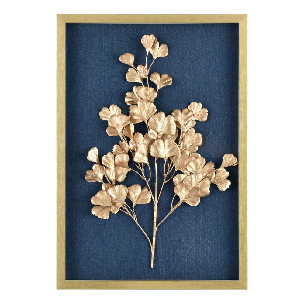 Atlas Leaf Framed Shadow Box Art with Gold Bloom on Navy Background - Modern Elegance for Home Décor Leaf Shadow II Framed Wall Art WA11080-02