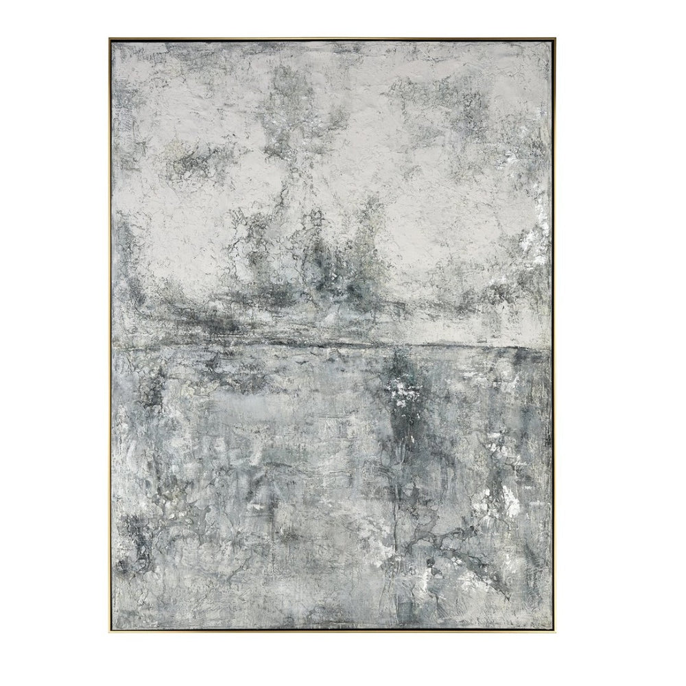 Atlas Miffed Wall Art – Textured Abstract Seascape in Muted Greys with Elegant Black and Gold Framing WA11092-01