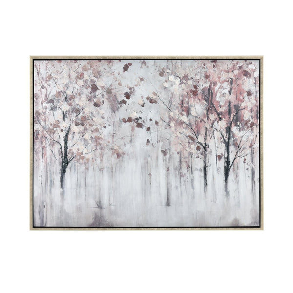 Atlas Norcross Serene Forest Framed Wall Art - Modern Grey Mist with Bold Pink Leaves for Stylish Decor WA11103-01