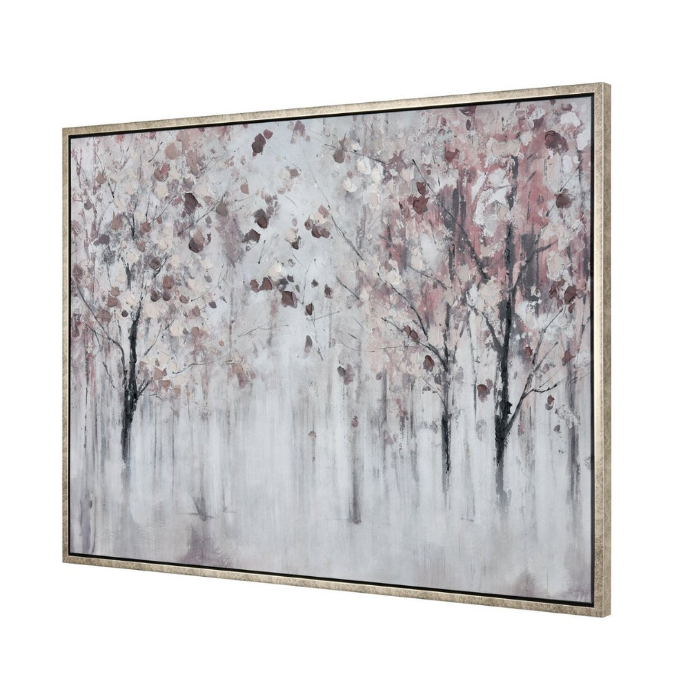 Atlas Norcross Serene Forest Framed Wall Art - Modern Grey Mist with Bold Pink Leaves for Stylish Decor WA11103-01