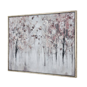 Atlas Norcross Serene Forest Framed Wall Art - Modern Grey Mist with Bold Pink Leaves for Stylish Decor WA11103-01