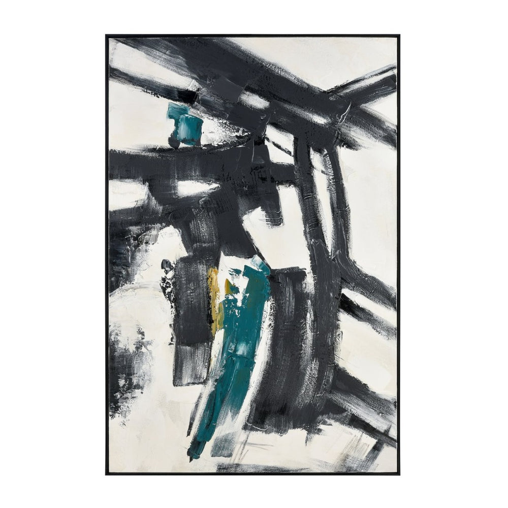 Atlas Obsidian Modern Abstract Wall Art - Bold Black Brushstrokes on Textured White Canvas with Teal Accents Obsidian II Abstract Wall Art WA11104-02