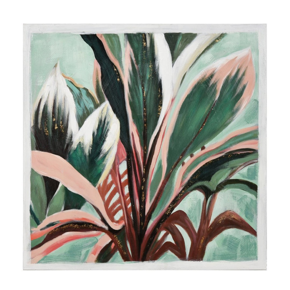 Atlas Variegate Hand-Painted Acrylic Canvas Wall Art - Modern Botanical Design with Soft Green & Pink Hues WA11168-01