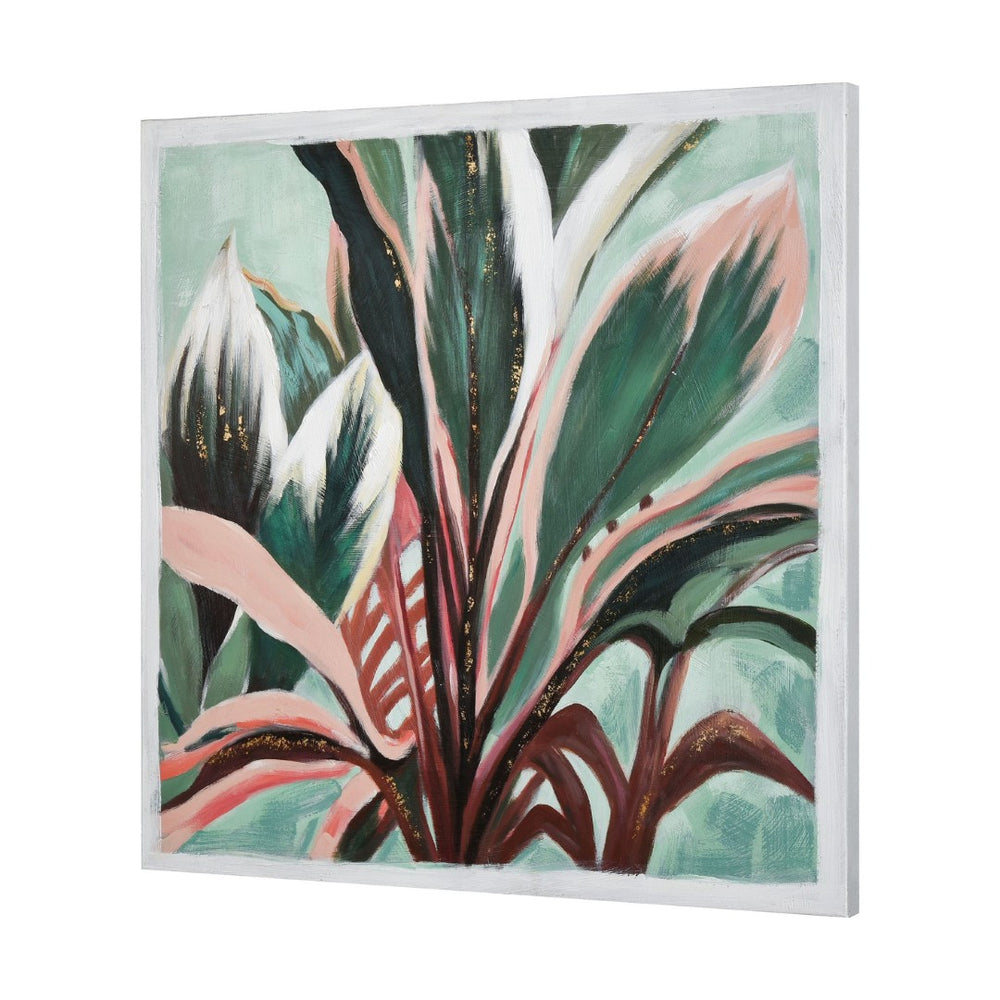 Atlas Variegate Hand-Painted Acrylic Canvas Wall Art - Modern Botanical Design with Soft Green & Pink Hues WA11168-01