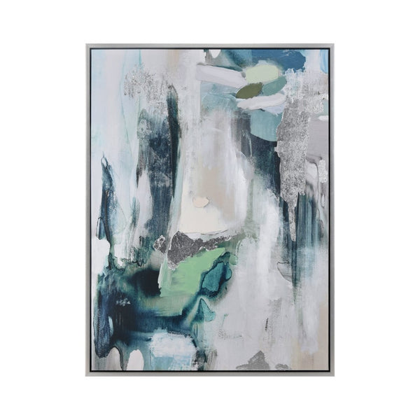 Atlas Verte Modern Abstract Framed Wall Art - Layered Texture with Pthalo Green & Silver Accents, 35.5" W WA11170-01
