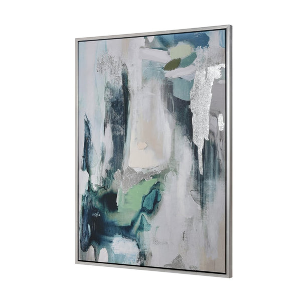 Atlas Verte Modern Abstract Framed Wall Art - Layered Texture with Pthalo Green & Silver Accents, 35.5" W WA11170-01
