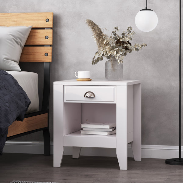 English Elm Christopher Knight Home® - Modern Nightstand with Drawer and Open Cubby, Faux Wood Mid Century Bedside Table, 2-Tier Storage Nightstand for Bedrooms, 21"W x 24.4"H White 70949.00WHI