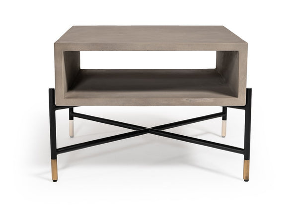 VIG Furniture Walker Concrete & Metal Coffee Table With Open Shelf, Brass Leg Tips, Industrial Modern Accent VGLBROKY-CF63