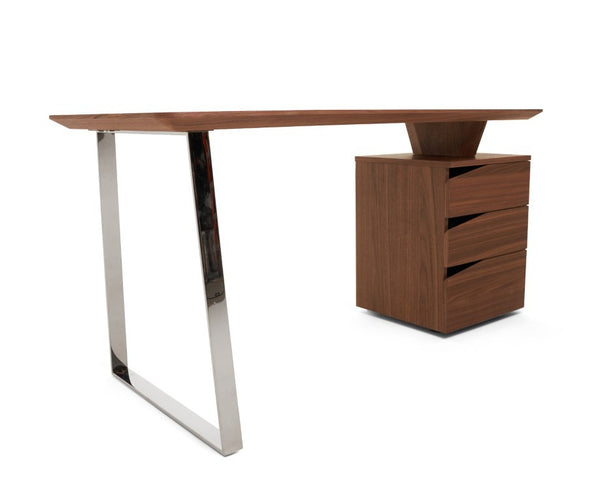 VIG Furniture Walton- Modern Walnut Desk With 3 Drawers, Stainless Accents, Metal Legs, Spacious 63" Surface, Durable Finish VGHB-364P-W