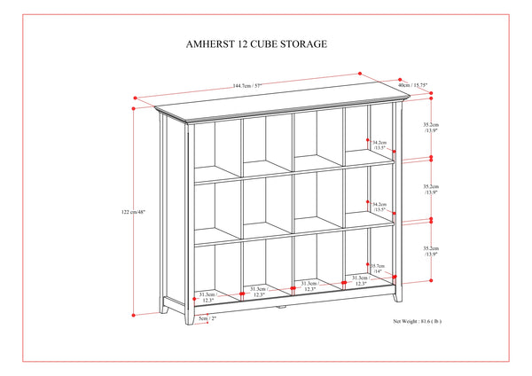 English Elm Amherst 12-Cube Storage Bookcase - Stylish Hickory Brown Solid Wood Organizer For Any Room B136P158349