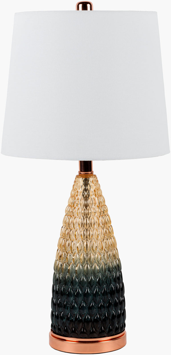 Surya Wolfsburg Modern 24" Accent Table Lamp With Sleek Metal & Glass Design For Chic Home Illumination Body, Charcoal,Base, Metallic ,Copper,Shade, White,Finial, Metallic ,Copper,Harp, Metallic ,Brass,Cord, Translucent Glass,Iron,Linen,Polyester,Iron Wbg-001