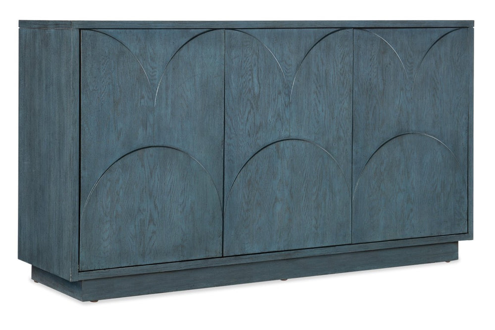Hooker Furniture Melange Soft-Blue Round Valley Entertainment Credenza With Scallop Doors, Built-In Power, Fits 65" Tvs 628-55052-45