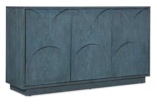 Hooker Furniture Melange Soft-Blue Round Valley Entertainment Credenza With Scallop Doors, Built-In Power, Fits 65" Tvs 628-55052-45