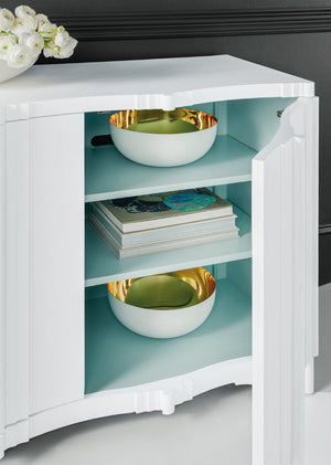 Hooker Furniture Melange Four-Door Entertainment Console In White Plaster With Light Blue Interior, Ventilated Power Hub 628-55015-02