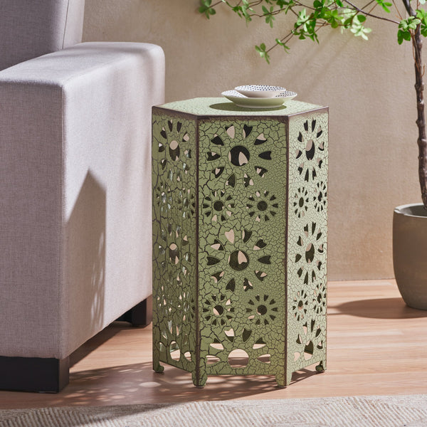 English Elm Galore Iron Patio Side Table with Sunburst Cutout and Crackle Finish for Outdoor Lounging Green 60815.00CGRN