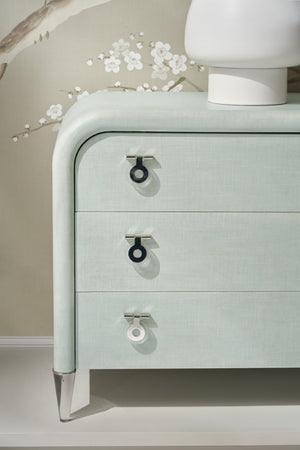 Hooker Furniture Melange Julip Accent Chest With Linen-Wrapped Finish, Acrylic Legs & Chrome Jewelry Pulls, 3 Self-Closing Drawers Greens 628-50205-35