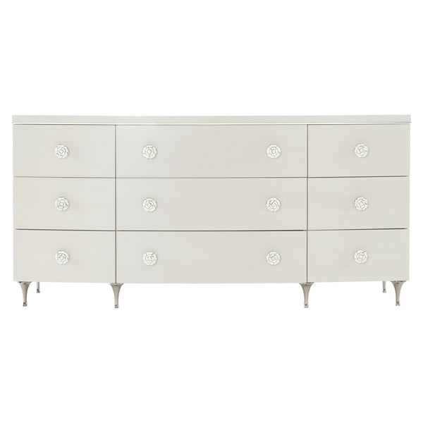 Bernhardt Bernhardt Silhouette Dresser With 9 Soft-Close Drawers, Eggshell Finish, Polished Steel & Kabebe Shell Accents 307054