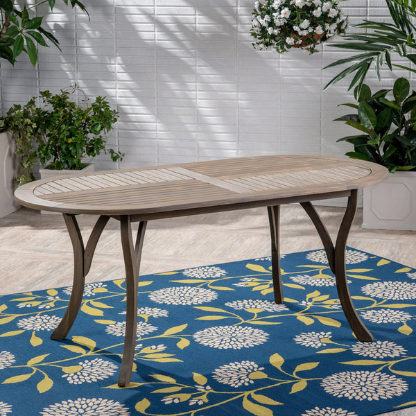 English Elm Acacia Wood Oval Outdoor Dining Table Weathered Gray Slatted Top Seats Six 62917.00GRY