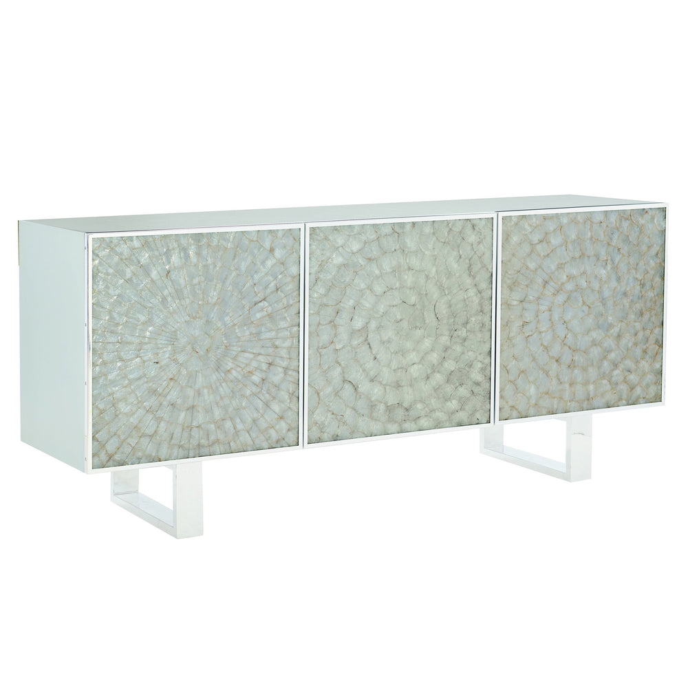 Bernhardt Bernhardt Helios Console With Capiz Starburst Panels, Polished Steel Legs & Hidden Storage Elegance 382860
