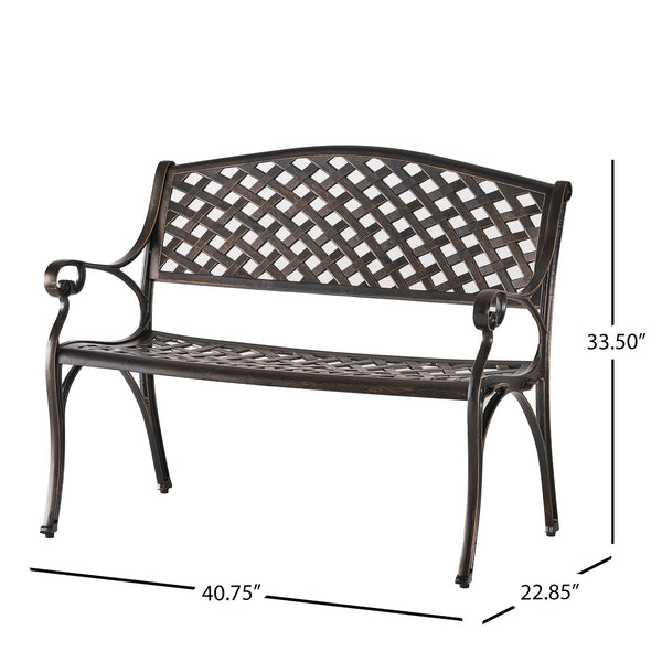 English Elm Spencer Cast Aluminum Outdoor Bench Antique Copper Finish Scrolled Arms Garden Patio 50327.00LVS