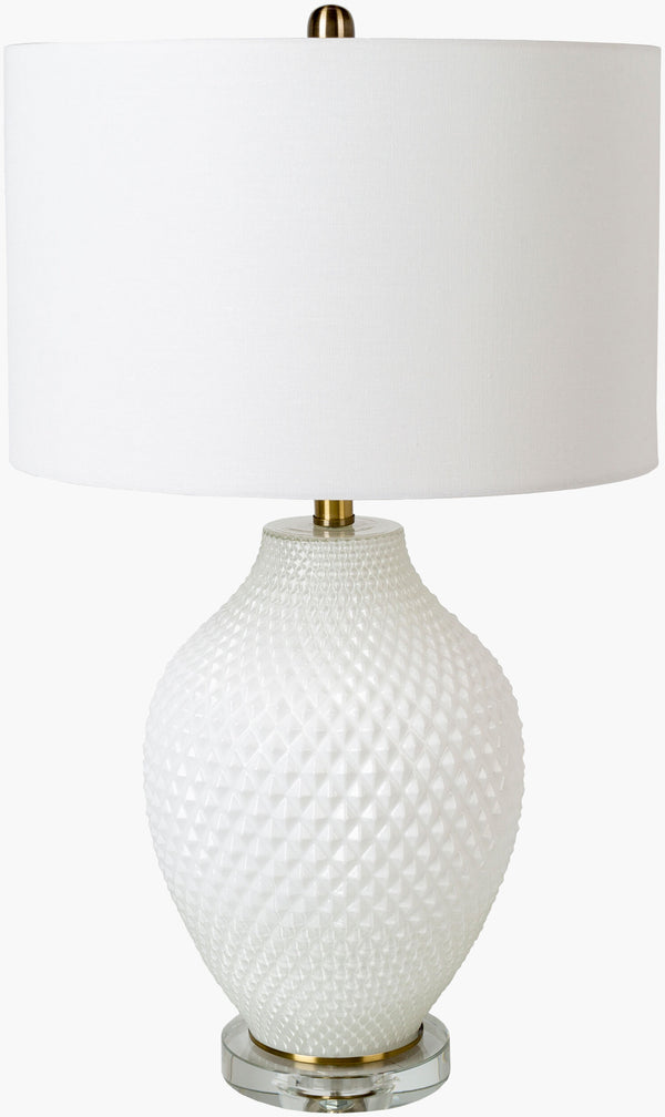 Surya Waddington Modern 27" Accent Table Lamp - Glass, Linen & Crystal For Elegant Home Decor Style Body, White,Base, Clear,Shade, White,Finial, Metallic ,Brass,Harp, Metallic ,Brass,Cord, Translucent Glass,Crystal,Linen,Iron Wdd-001