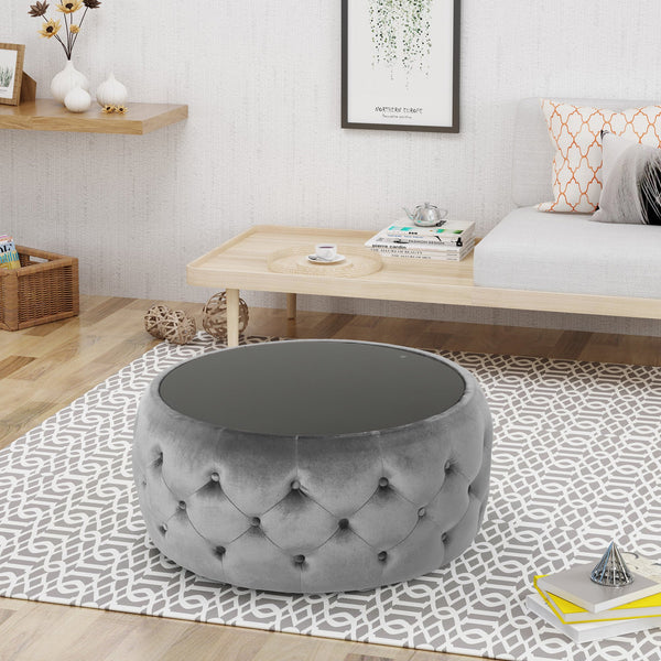 English Elm Ottoman Round Velvet Tufted Diamond Stitch Glass Top Modern Glam Living Room Accent 62732.00SMOK