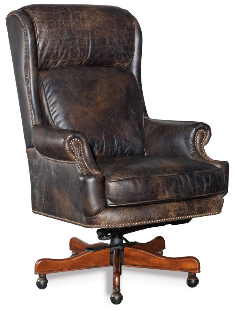 Hooker Furniture Tucker Handcrafted Executive Swivel Tilt Chair In Old Saddle Fudge Aniline Leather With Croc Accents Medium Brown EC378-089