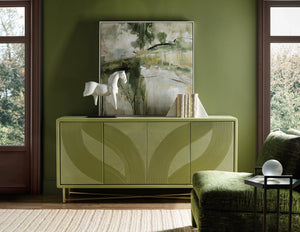 Hooker Furniture Commerce Green Carved Into The Woods Credenza — Leafy Tone-On-Tone Finish, Gold Metal Base, Soft-Close Doors 7228-85140-35