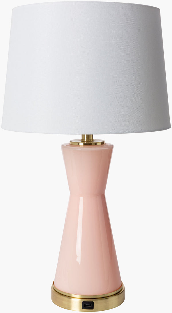Surya Wendy Modern 25" Glass Accent Table Lamp With Elegant White Linen Shade For Any Room Décor Body, Pink,Base, Gold,Shade, White,Finial, Metallic ,Nickel,Harp, Metallic ,Nickel,Cord, Translucent Glass,Iron,Linen,Polyester,Iron Wdy-001