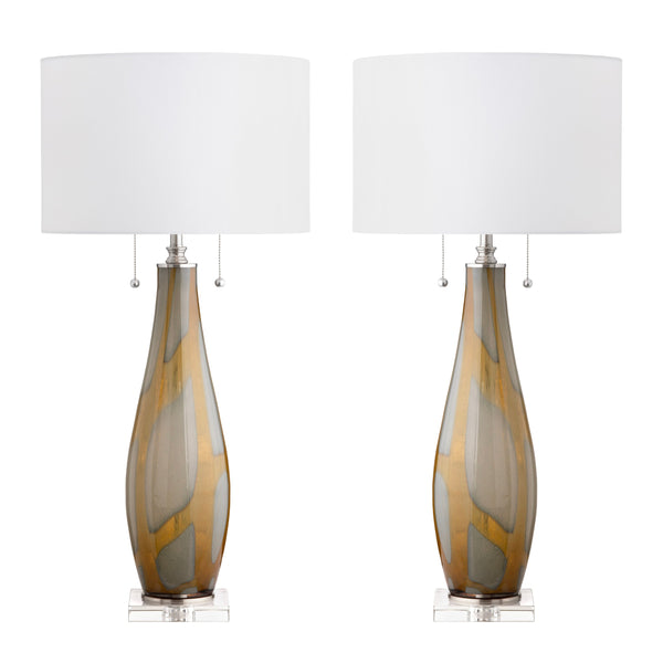 Crestview Collection 33.5"H Glass Table Lamp - Elegant Amber & Gray Design, Crystal Base, White Shade & Twin Pull Chains   Cvabs2376