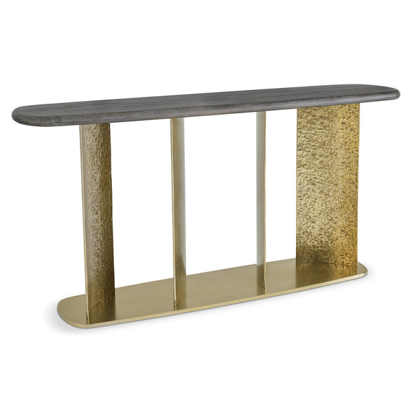 Bernhardt Trost Dorado Gold Metal Console Table with Bracken Mahogany Top — Sculptural Turned Pillars, Sleek Silhouette 347917