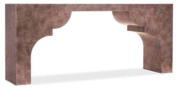 Hooker Furniture Melange Long Taj Console With Scalloped Legs, Silver Leaf & Mottled Brown Finish For Entryway Style 628-85694-80