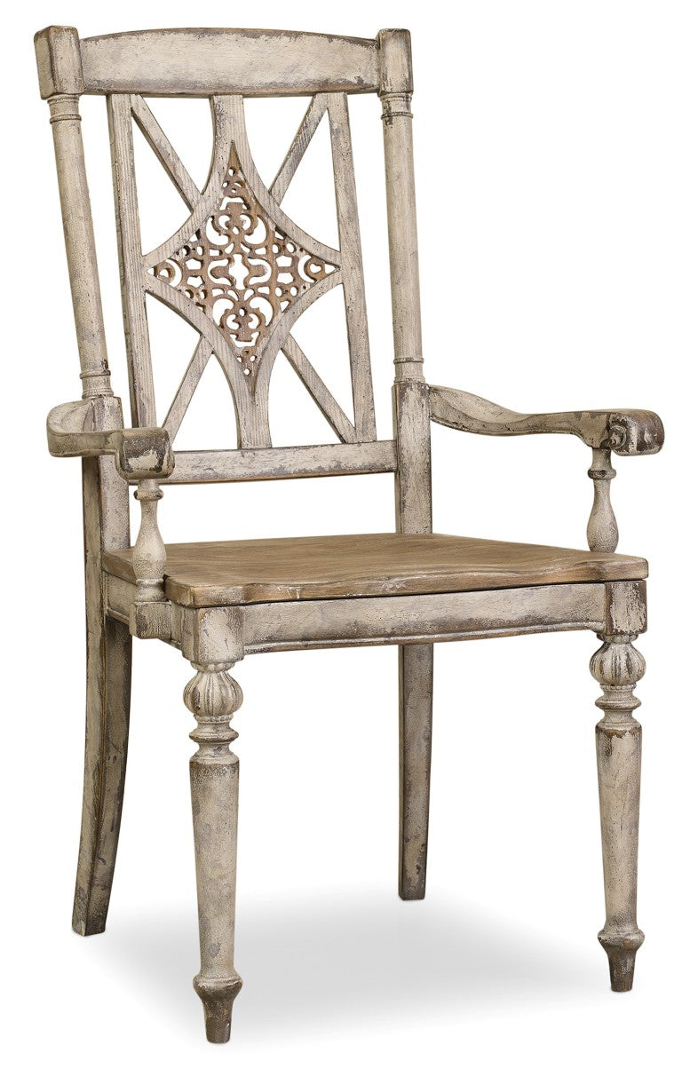 Hooker Furniture Chatelet Caramel Froth Fretback Arm Chair — Diamond Fretwork, Tapered Legs, Vintage White Patina, Timeless Dining Style 5351-75300