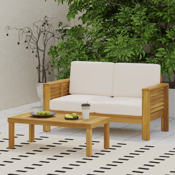 English Elm Christopher Knight Home® - Teak Acacia Wood Loveseat & Coffee Table Set with Water-Resistant Cream Cushions, Durable Outdoor Retreat 70844.00