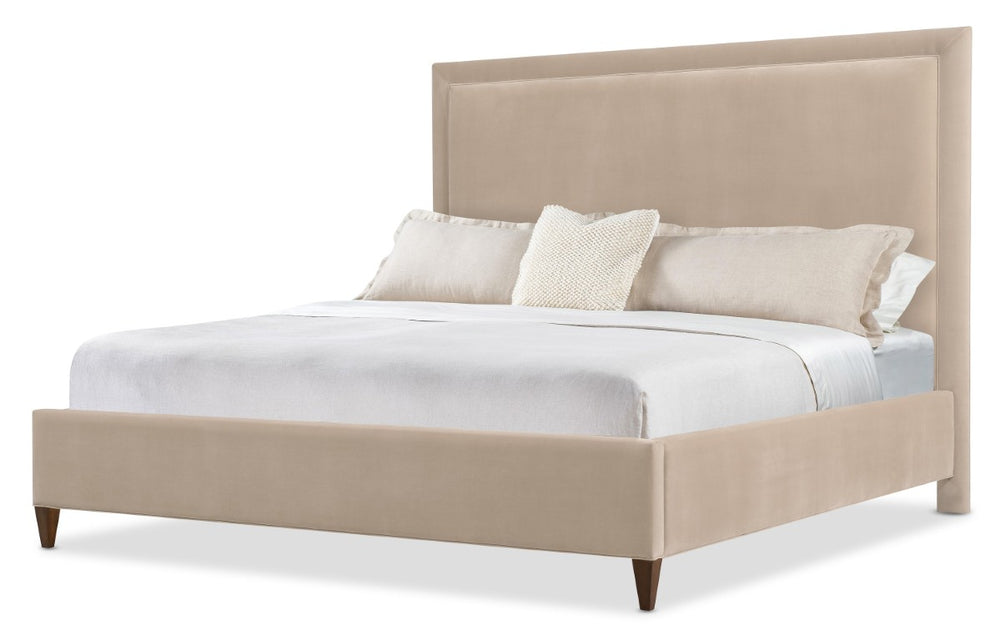 Hooker Furniture Archives Queen Upholstered Bed In Liber Oat Velvet With Walnut Veneers, Distressed Classic Walnut Finish 90.00 L x 69.00W x 64.00H 6123-90950-89