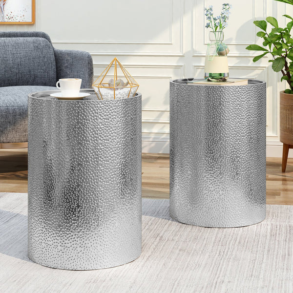 English Elm Christopher Knight Home® - METAL Hammered Accent Side Table Set of 2 — Cylindrical Iron Frame, Textured Finish, No Assembly Needed Silver 65631.00